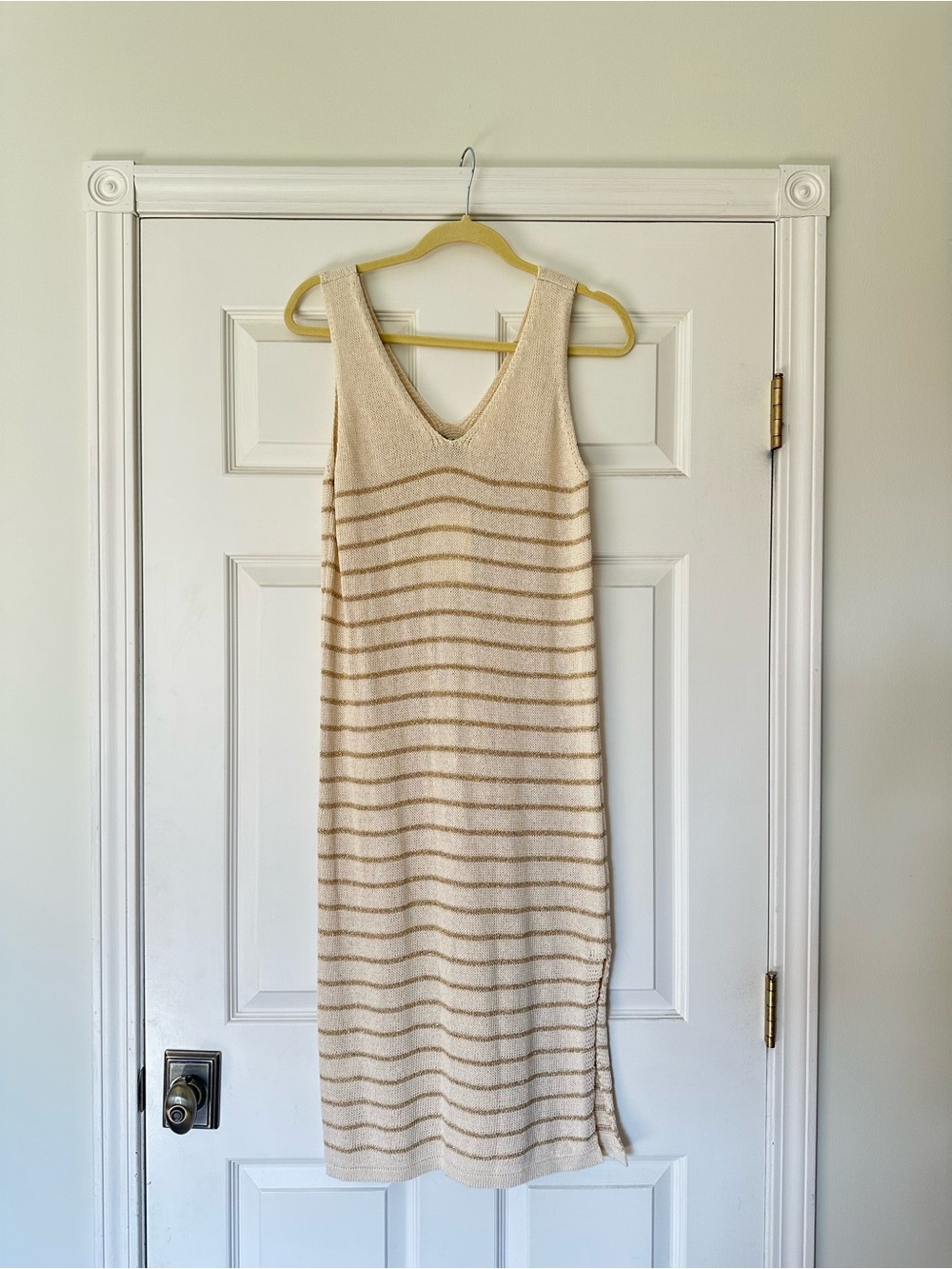 Italian Knit Striped Midi Dress in Cream and Gold
